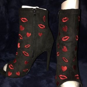 Black and Red Heart Open Toe Heels